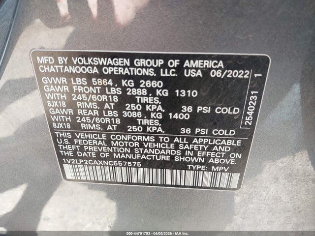 44791793 :رقم المزاد ، 1V2LP2CAXNC557575 vin ، 2022 Volkswagen Atlas 2.0t Se مزاد بيع