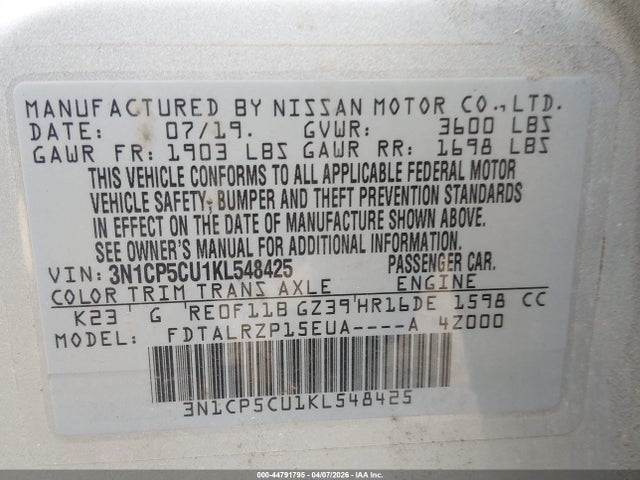 3N1CP5CU1KL548425 Nissan KICKS S