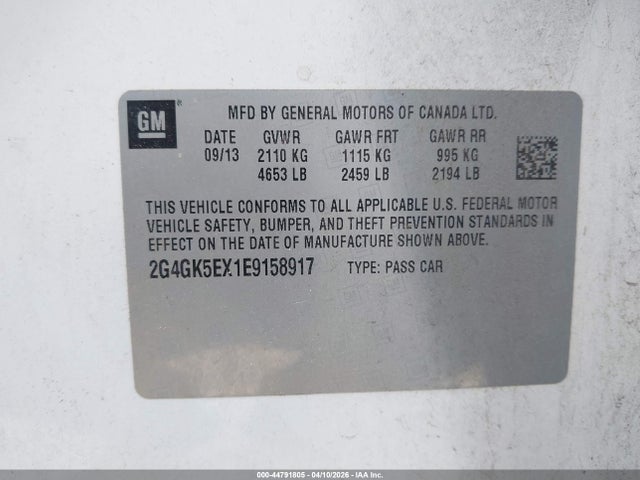 2014 Buick Regal Turbo მანქანა იყიდება აუქციონზე, vin: 2G4GK5EX1E9158917, აუქციონის ნომერი: 44791805