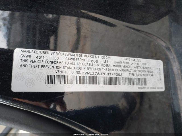 Aukcja sprzedaży 2011 Volkswagen Jetta 2.5l Sel, vin: 3VWLZ7AJ7BM374203, numer aukcji: 44791811