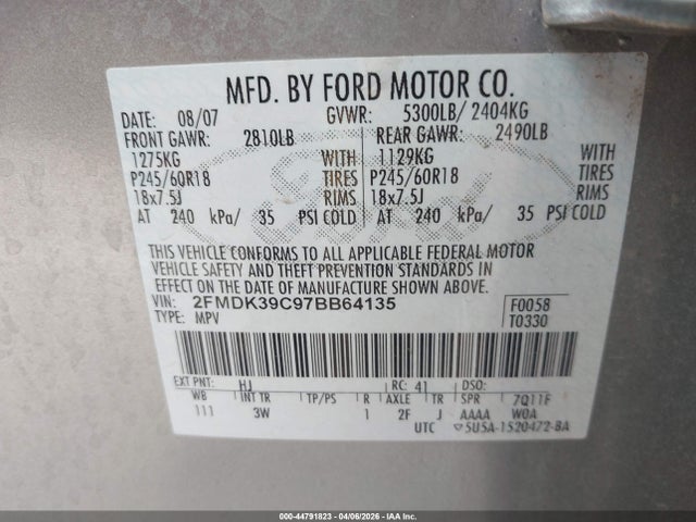 Aukcja sprzedaży 2007 Ford Edge Sel Plus, vin: 2FMDK39C97BB64135, numer aukcji: 44791823