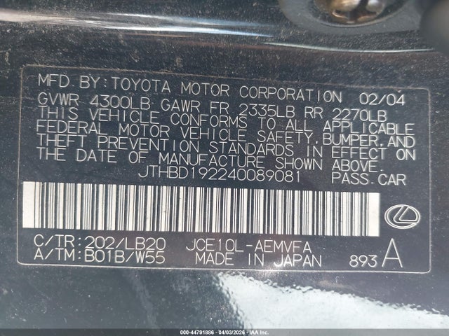 44791886 :رقم المزاد ، JTHBD192240089081 vin ، 2004 Lexus Is 300 Base W/5-speed Manual مزاد بيع