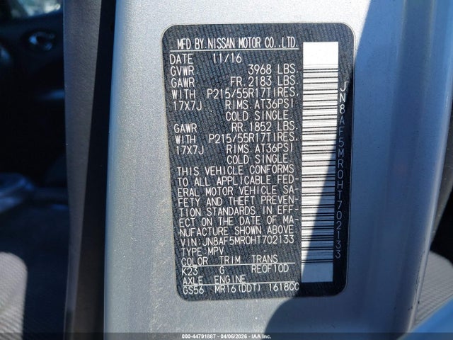 44791887 :رقم المزاد ، JN8AF5MR0HT702133 vin ، 2017 Nissan Juke S مزاد بيع
