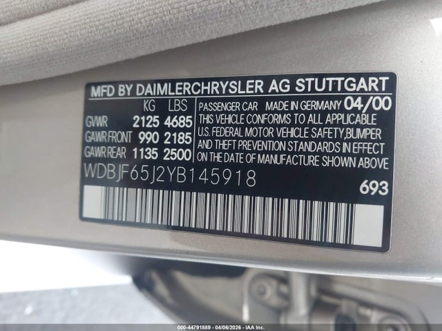 Aukcja sprzedaży 2000 Mercedes-benz E 320, vin: WDBJF65J2YB145918, numer aukcji: 44791889