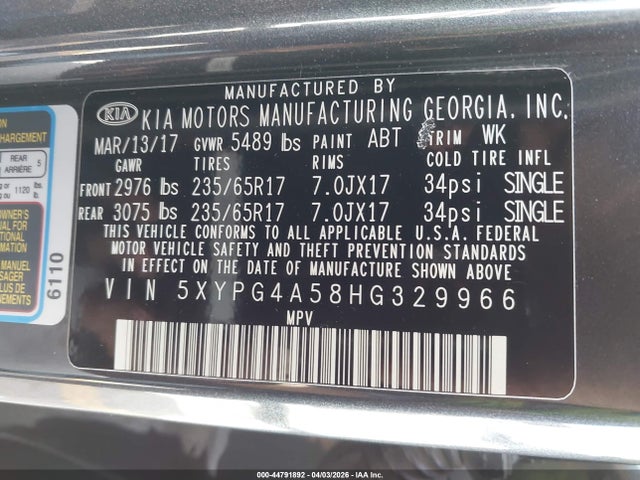 5XYPG4A58HG329966 KIA Sorento 3.3l Lx