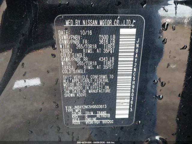 2017 Nissan Armada Sv მანქანა იყიდება აუქციონზე, vin: JN8AY2NC5H9503613, აუქციონის ნომერი: 44791895