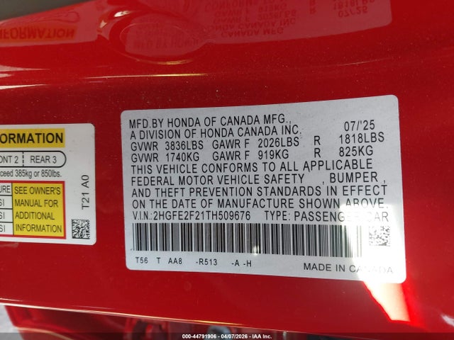 Honda Civic Lx 2026 2HGFE2F21TH509676 Image 9