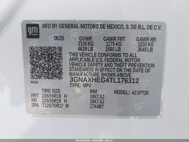 44791924 :رقم المزاد ، 3GNAXHEG4TL176312 vin ، 2026 Chevrolet Equinox Fwd Lt مزاد بيع