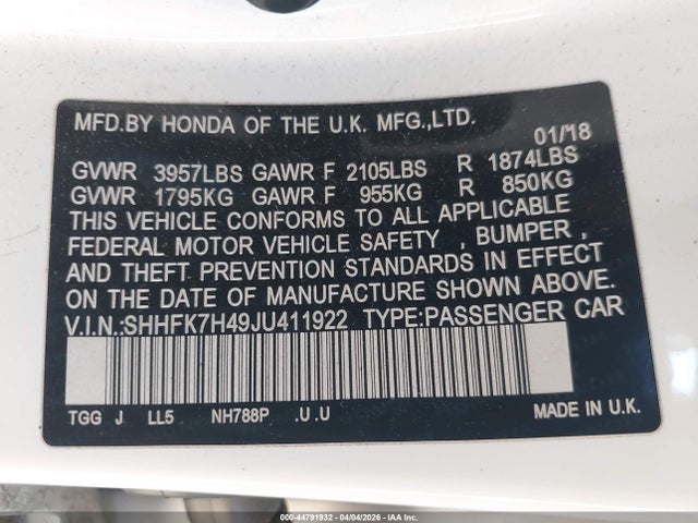 SHHFK7H49JU411922 Honda Civic Sport
