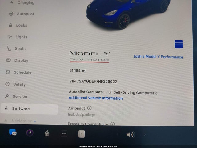44791940 :رقم المزاد ، 7SAYGDEF7NF326022 vin ، 2022 Tesla Model Y Performance Dual Motor All-wheel Drive مزاد بيع