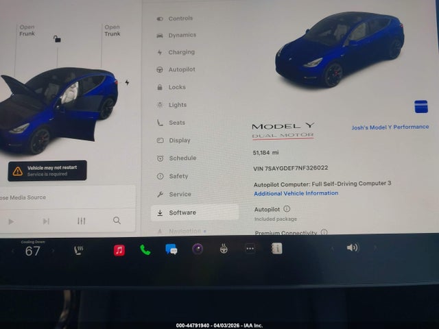 44791940 :رقم المزاد ، 7SAYGDEF7NF326022 vin ، 2022 Tesla Model Y Performance Dual Motor All-wheel Drive مزاد بيع