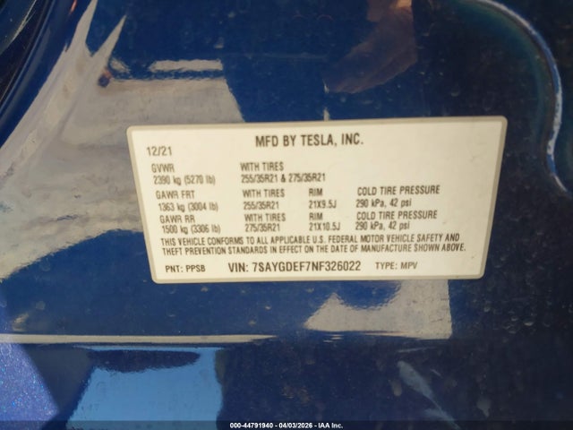 44791940 :رقم المزاد ، 7SAYGDEF7NF326022 vin ، 2022 Tesla Model Y Performance Dual Motor All-wheel Drive مزاد بيع