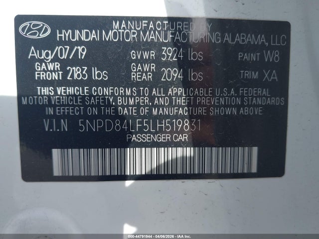 5NPD84LF5LH519831 Hyundai ELANTRA SEL