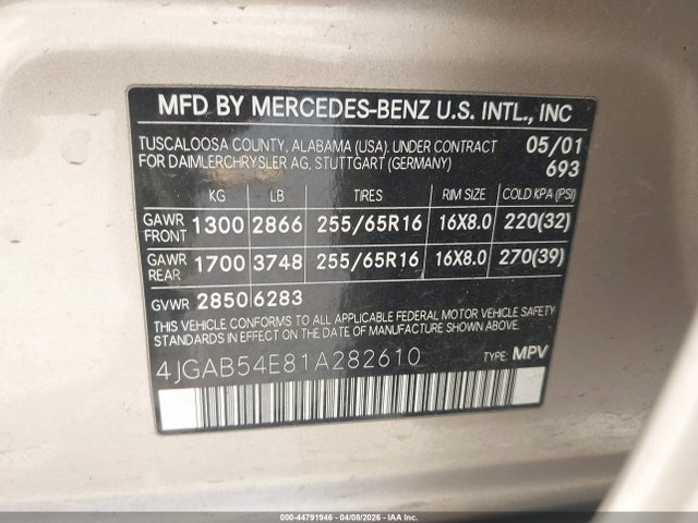 Auction sale of the 2001 Mercedes-benz Ml 320, vin: 4JGAB54E81A282610, lot number: 44791946
