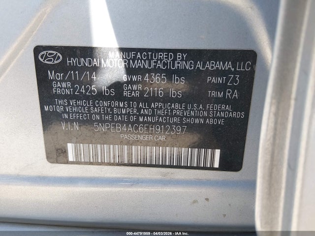 5NPEB4AC6EH912397 Hyundai SONATA GLS
