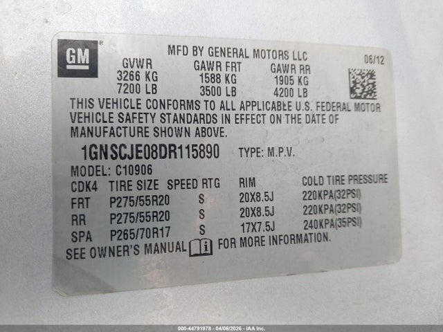 Продаж на аукціоні авто 2013 Chevrolet Suburban 1500 Lt, vin: 1GNSCJE08DR115890, номер лоту: 44791978