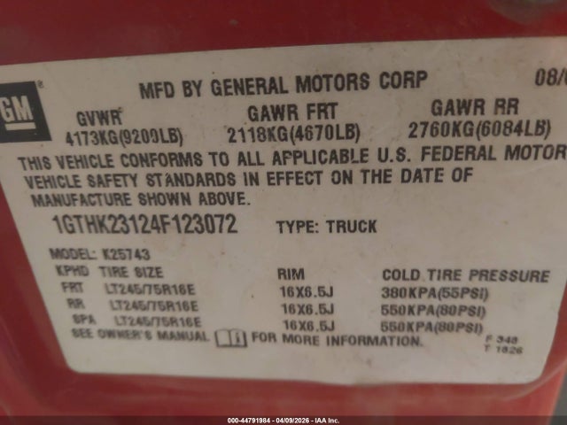 Aukcja sprzedaży 2004 Gmc Sierra 2500hd Sle, vin: 1GTHK23124F123072, numer aukcji: 44791984
