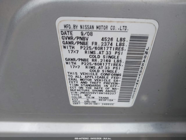 Aukcja sprzedaży 2009 Nissan Rogue Sl, vin: JN8AS58V19W168207, numer aukcji: 44792002