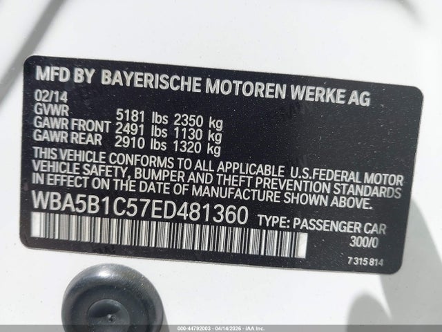 44792003 :رقم المزاد ، WBA5B1C57ED481360 vin ، 2014 Bmw 535i مزاد بيع
