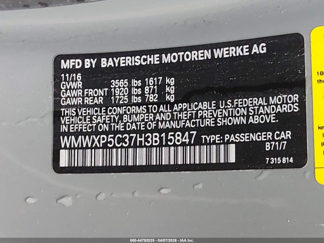 Продажа на аукционе авто 2017 Mini Hardtop Cooper, vin: WMWXP5C37H3B15847, номер лота: 44792025