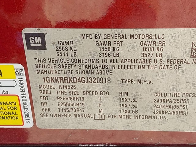 Aukcja sprzedaży 2016 Gmc Acadia Slt-1, vin: 1GKKRRKD4GJ320918, numer aukcji: 44792030