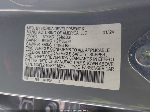 Aukcja sprzedaży 2024 Honda Civic Sport, vin: 19XFL2H88RE018242, numer aukcji: 44792042