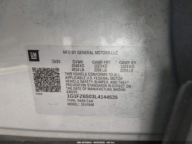 1G1FZ6S03L4144535 Chevrolet Bolt Ev Fwd Premier
