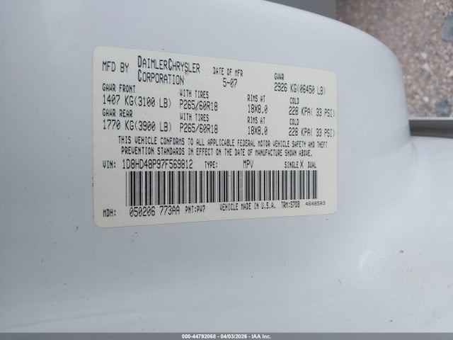 Aukcja sprzedaży 2007 Dodge Durango Slt, vin: 1D8HD48P97F569812, numer aukcji: 44792068
