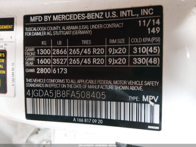 Auction sale of the 2015 Mercedes-benz Ml 350, vin: 4JGDA5JB8FA508405, lot number: 44792079