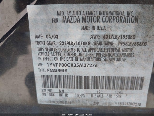 44792081 :رقم المزاد ، 1YVFP80CX35M37276 vin ، 2003 Mazda Mazda6 I مزاد بيع