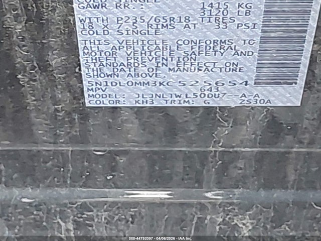 Aukcja sprzedaży 2019 Infiniti Qx60 Luxe, vin: 5N1DL0MM3KC525654, numer aukcji: 44792097