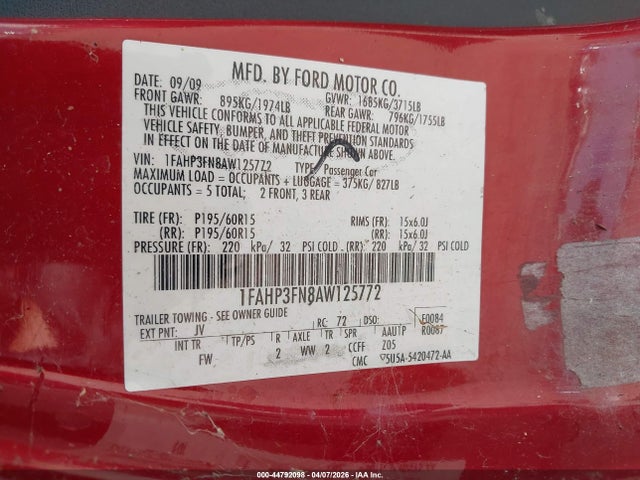 2010 Ford Focus Se მანქანა იყიდება აუქციონზე, vin: 1FAHP3FN8AW125772, აუქციონის ნომერი: 44792098