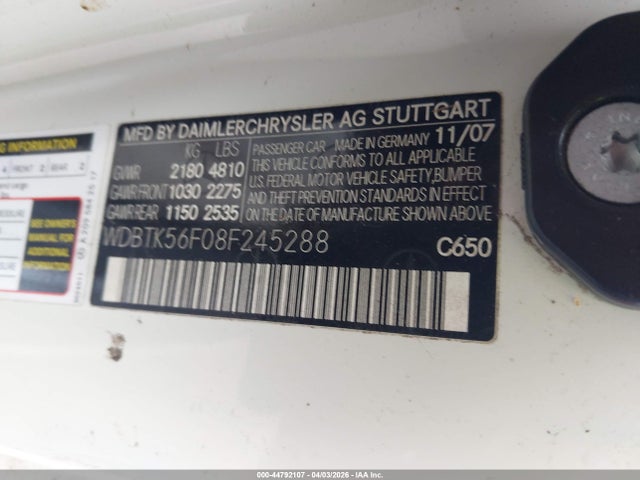 44792107 :رقم المزاد ، WDBTK56F08F245288 vin ، 2008 Mercedes-benz Clk 350 مزاد بيع