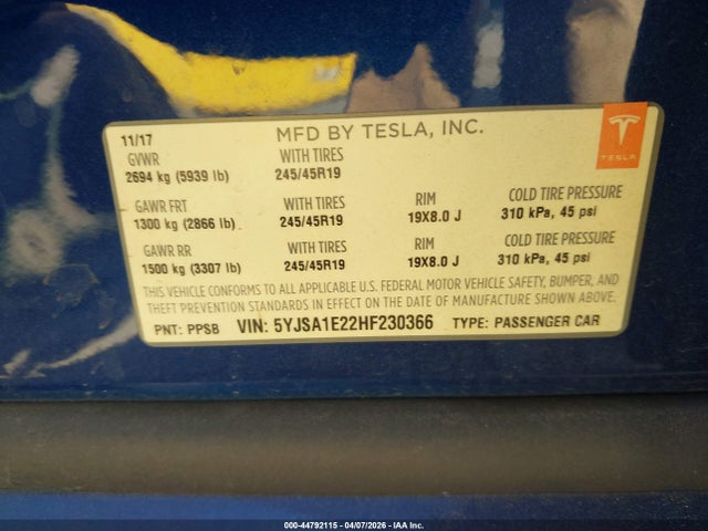 Aukcja sprzedaży 2017 Tesla Model S 100d/60d/75d/90d/p100d, vin: 5YJSA1E22HF230366, numer aukcji: 44792115