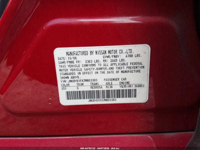 Aukcja sprzedaży 2007 Infiniti G35x, vin: JNKBV61FX7M803383, numer aukcji: 44792122