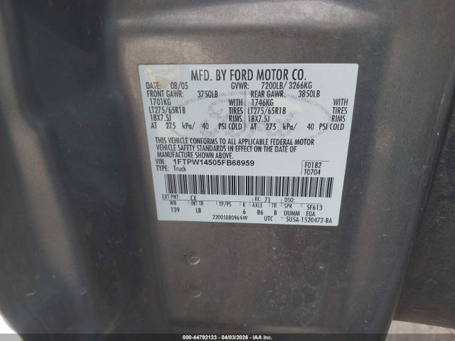 Продаж на аукціоні авто 2005 Ford F-150 Fx4/lariat/xlt, vin: 1FTPW14505FB68959, номер лоту: 44792123