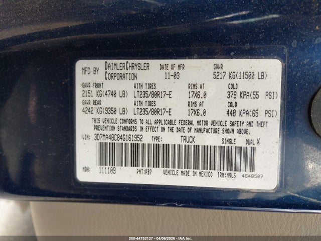 2004 Dodge Ram 3500 Slt/laramie მანქანა იყიდება აუქციონზე, vin: 3D7MA48C84G161952, აუქციონის ნომერი: 44792127