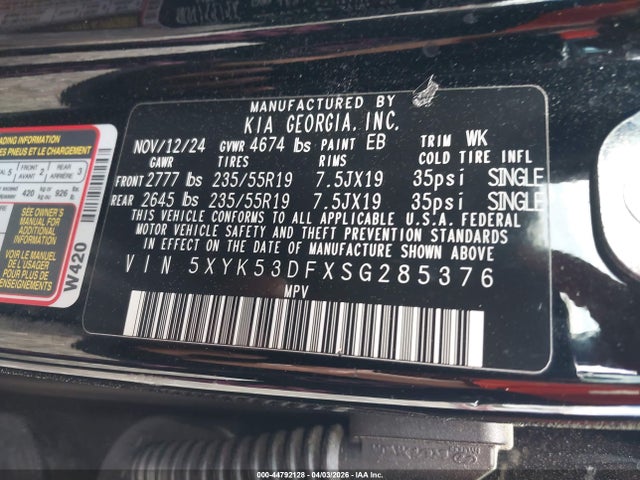 Aukcja sprzedaży 2025 Kia Sportage Sx-prestige, vin: 5XYK53DFXSG285376, numer aukcji: 44792128