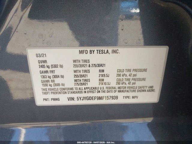 Продажа на аукционе авто 2021 Tesla Model Y Performance Dual Motor All-wheel Drive, vin: 5YJYGDEF9MF157939, номер лота: 44792129