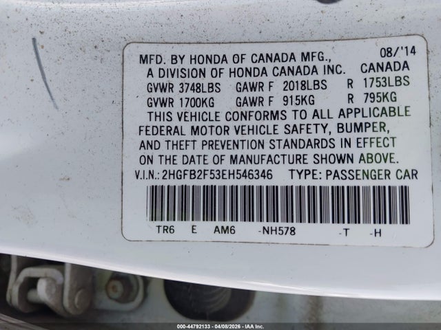 Продаж на аукціоні авто 2014 Honda Civic Lx, vin: 2HGFB2F53EH546346, номер лоту: 44792133