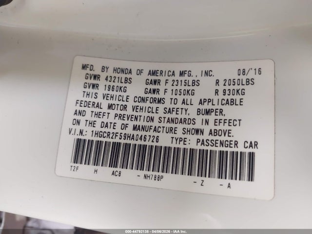 Honda Accord Sport 2017 1HGCR2F59HA046726 Image 9