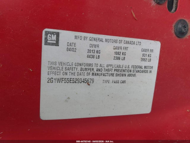 Aukcja sprzedaży 2002 Chevrolet Impala, vin: 2G1WF55E529345679, numer aukcji: 44792145