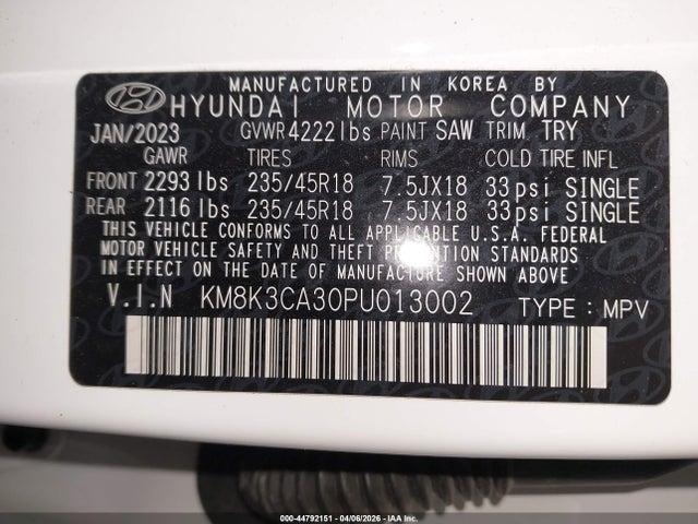 2023 Hyundai Kona N Line მანქანა იყიდება აუქციონზე, vin: KM8K3CA30PU013002, აუქციონის ნომერი: 44792151