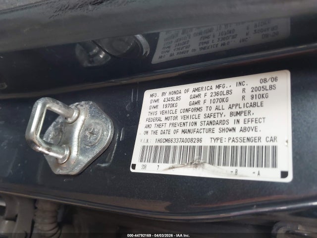 44792169 :رقم المزاد ، 1HGCM66337A008296 vin ، 2007 Honda Accord 3.0 Lx مزاد بيع
