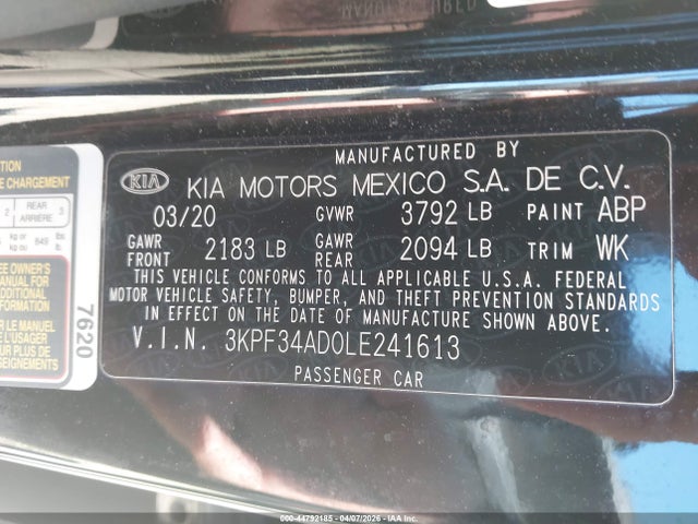 Aukcja sprzedaży 2020 Kia Forte Gt-line, vin: 3KPF34AD0LE241613, numer aukcji: 44792185