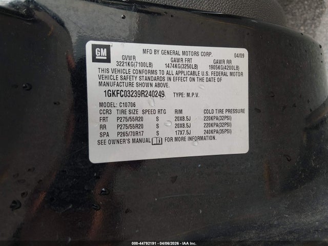 44792191 :رقم المزاد ، 1GKFC03239R240249 vin ، 2009 Gmc Yukon Denali مزاد بيع