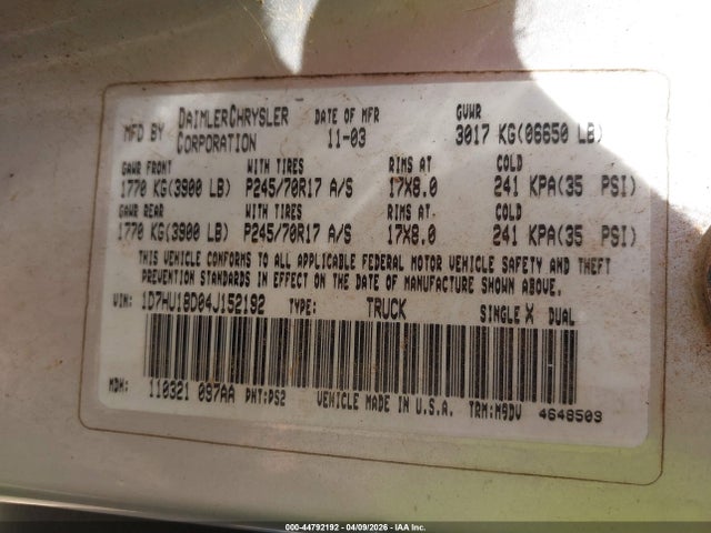 Aukcja sprzedaży 2004 Dodge Ram 1500 Slt/laramie, vin: 1D7HU18D04J152192, numer aukcji: 44792192