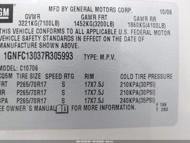 44792195 :رقم المزاد ، 1GNFC13037R305993 vin ، 2007 Chevrolet Tahoe Ls مزاد بيع