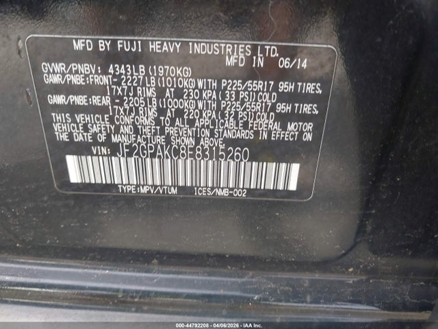 Aukcja sprzedaży 2014 Subaru Xv Crosstrek 2.0i Limited, vin: JF2GPAKC8E8315260, numer aukcji: 44792208