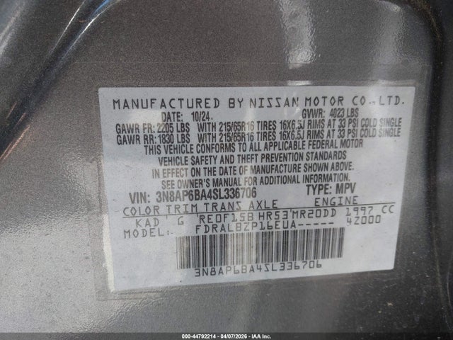 3N8AP6BA4SL336706 Nissan Kicks S Fwd